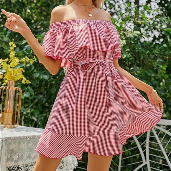 NEW Shein Gingham Print Off The Shoulder Dress - Picture 6 of 8